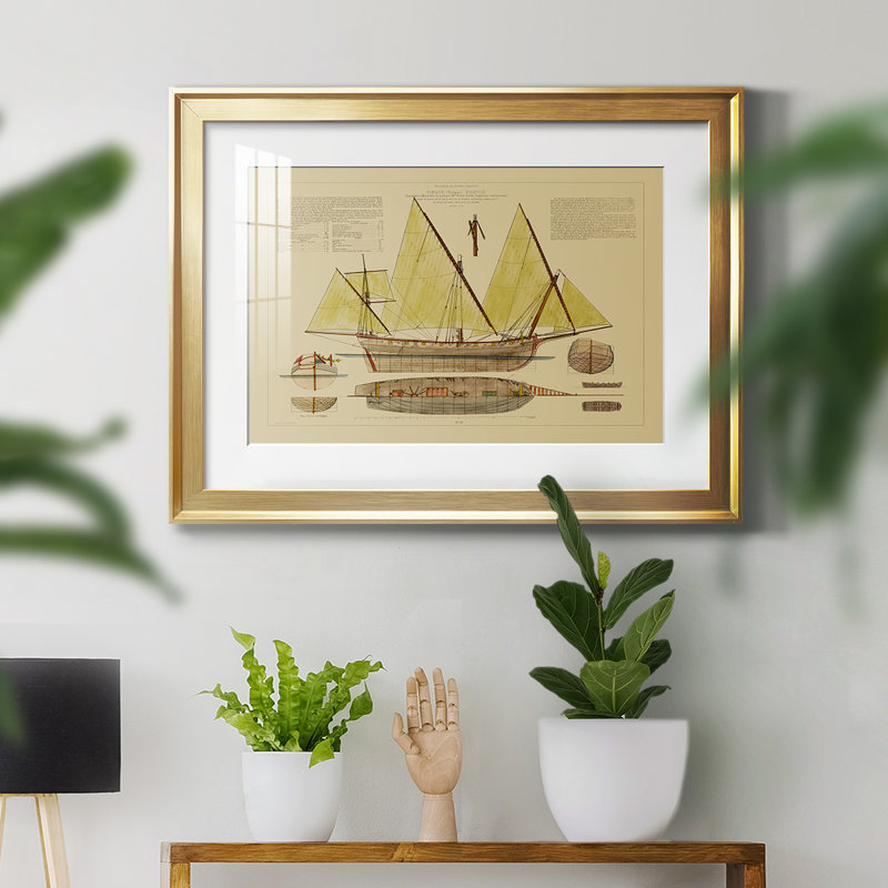 Antique Ship Plan V - reproduction de cadre photo, L 42,5 po x H 30,5 po, Or
