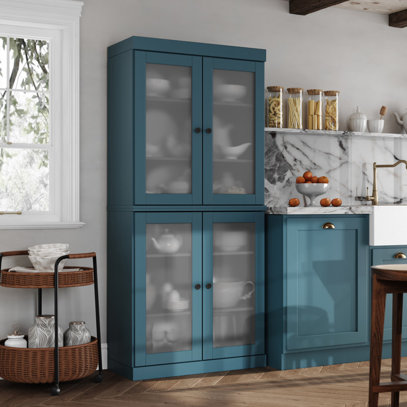 Garde-manger 100% bois massif 32 po avec portes en verre givré et tablettes réglables, Bleu sarcelle