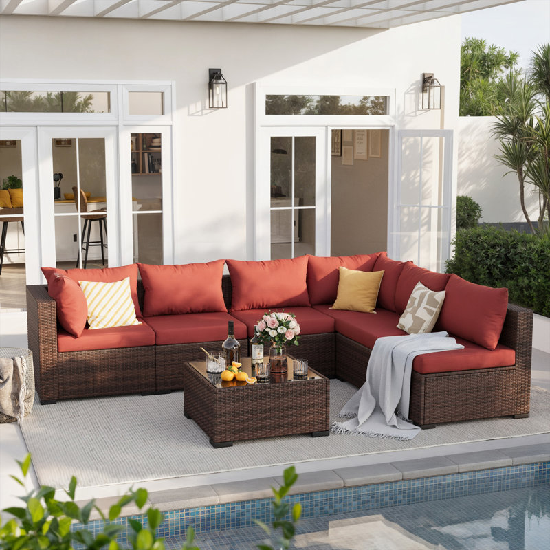 7 Piece Patio Conversation Set With Coffee Table And Cushions, Brown, Red