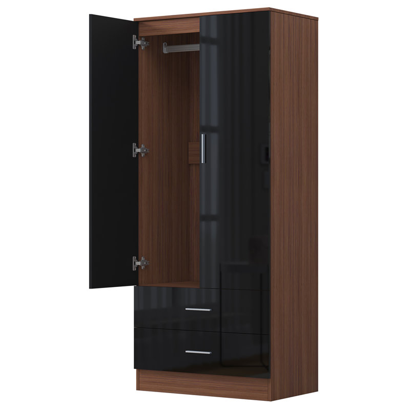 Eva High Gloss 2 Door + 2 Drawer Wardrobe - H: 180cm x D: 47cm x W: 76cm, Walnut/Gloss Black