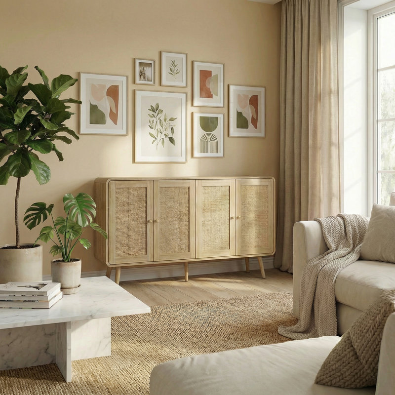 Mid-Century Modern Sideboard With Rattan Doors And Adjustable Shelves