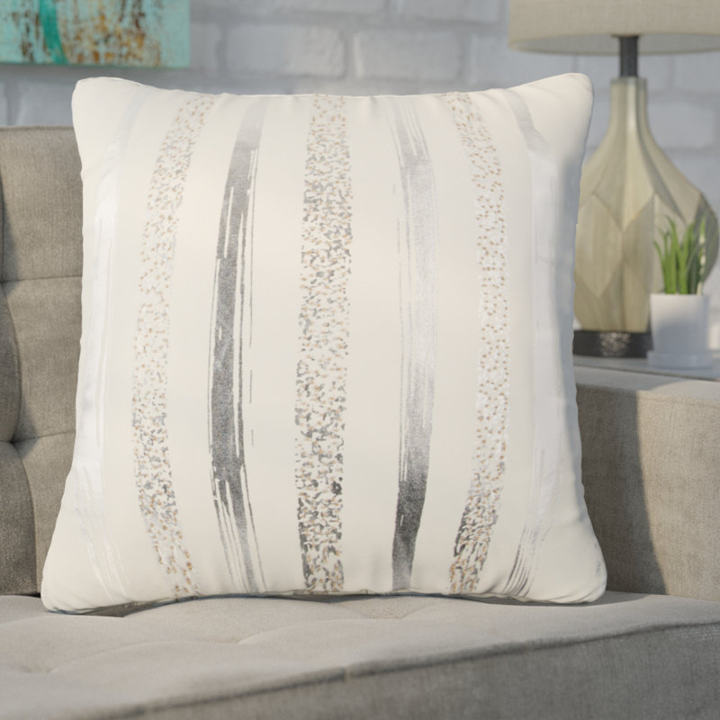 20" Ivory and Silver Striped Cotton Throw Pillow