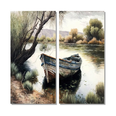 Bateau de pêche dans la rivière - impressions sur toile vertes 2 pièces
