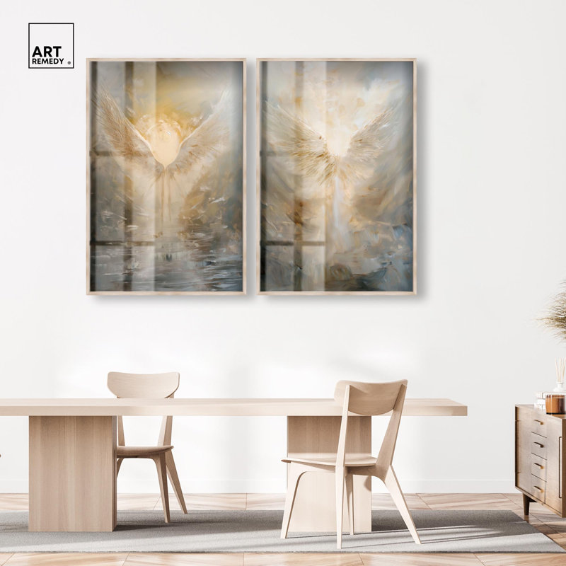 Ensemble de décoration murale bohème « Elysian Feathers Duet Shadowbox Print » doré par Art Remedy, cadre noir, 10 x 15