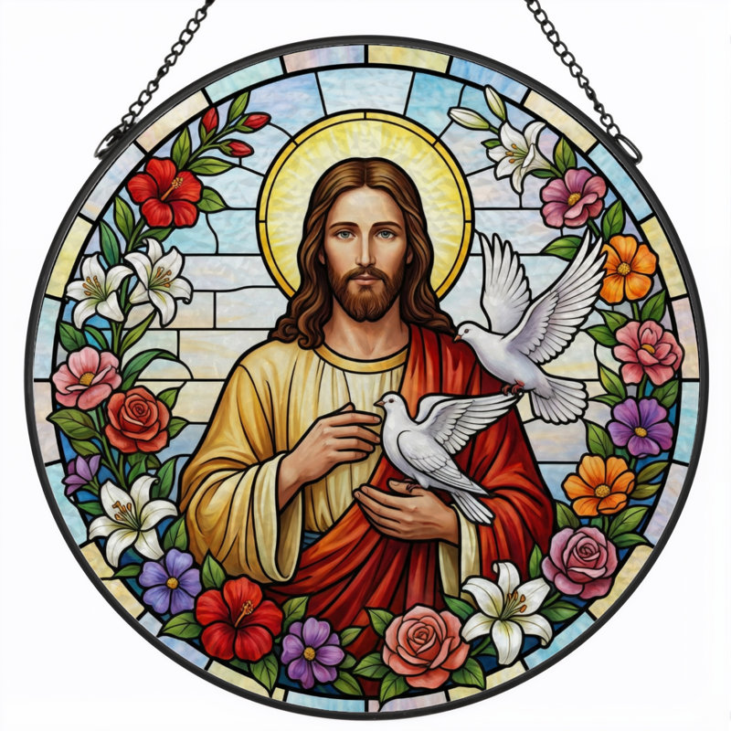 Panneau de vitrail en verre coloré Jesus Doves ， H 12 po, H 12 po
