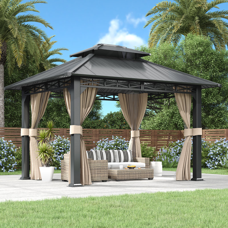 Pavillon de jardin à toit rigide toutes saisons 12 pi x 14 pi, structure en aluminium avec rideaux et filet