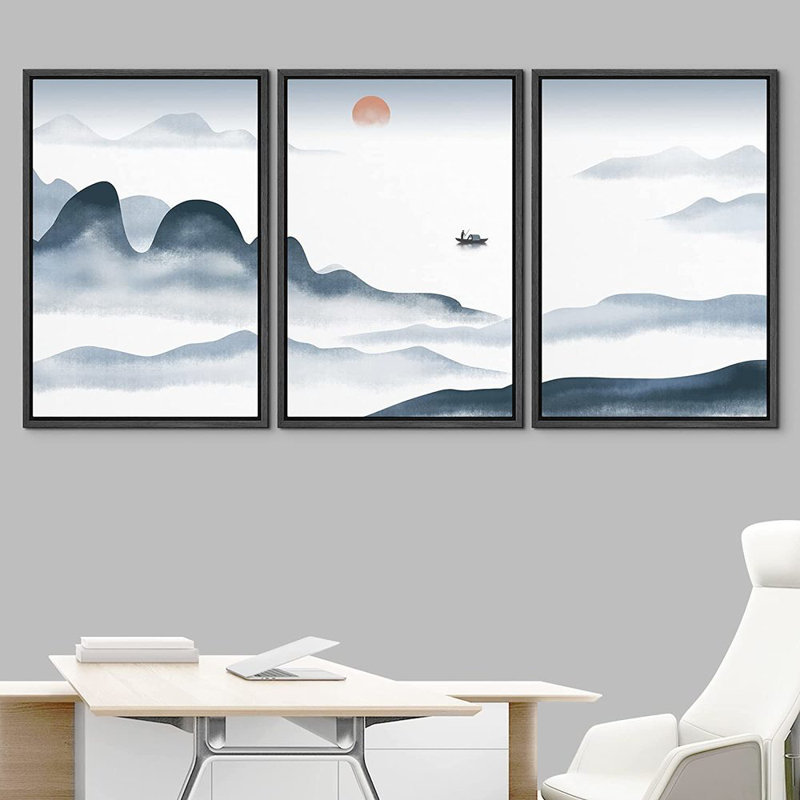 Mountain Range Sea - 3 pièces, peinture sur toile, Noir, L 48 po x H 24 po