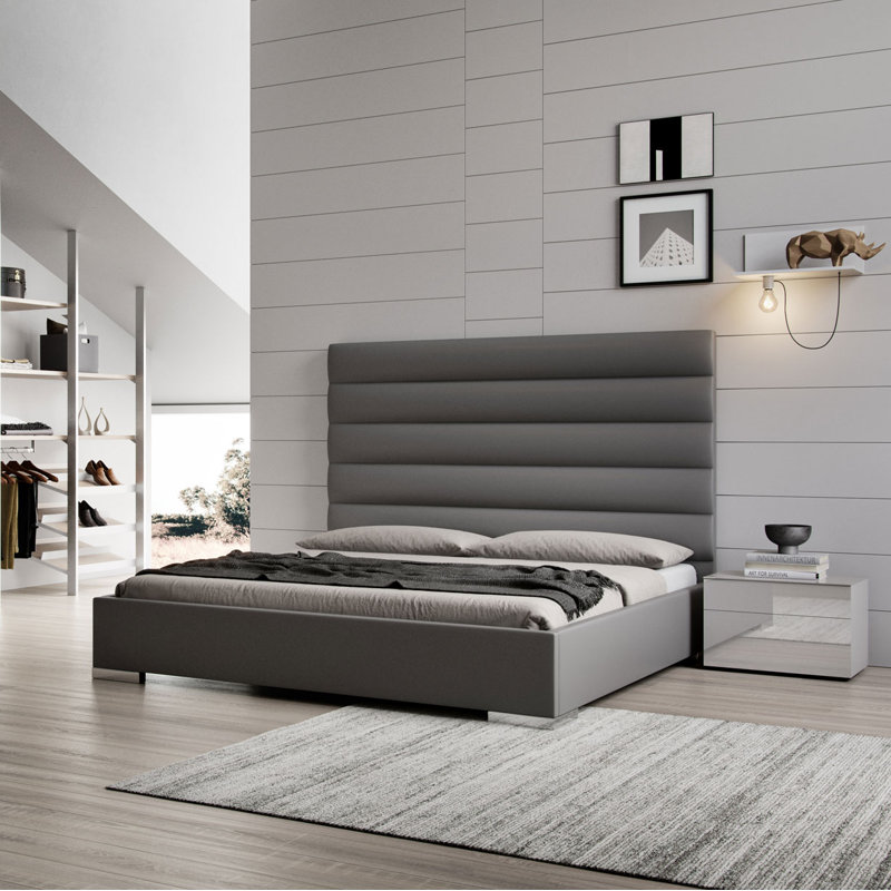 Prince Upholstered Platform Bed, California King, Granite Eco Leather
