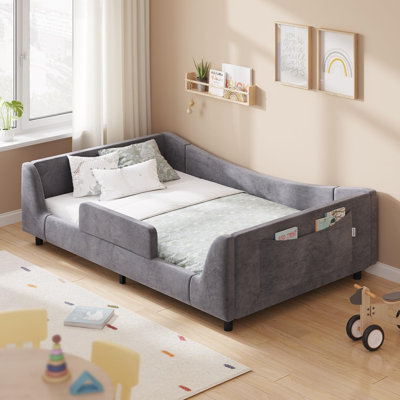 Lit sur pied, lits convertibles 2-en-1 Montessori bas, avec lattes et rails hauts, boucle en peluche rembourrée, structure ronde incurvée, aucun sommier nécessaire, assemblage facile, beige