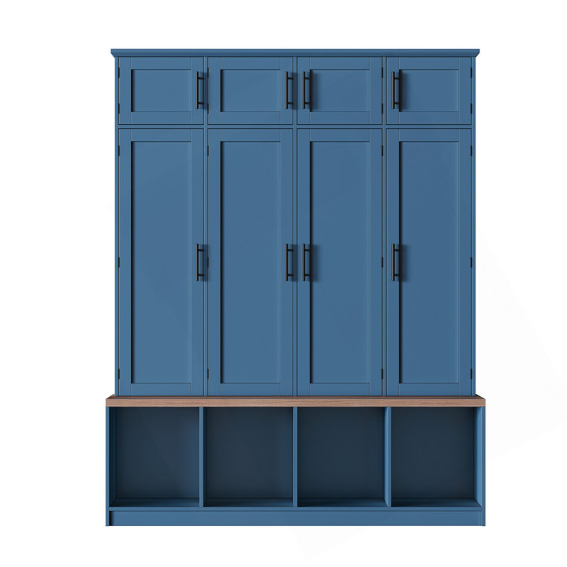 Farmhouse Hall Tree With 4 Hidden Hanging Hooks, Versatile Walnut Seating Bench With 8 Doors, Entryway Shoe Cabinet With Open Compartment For Living Room
