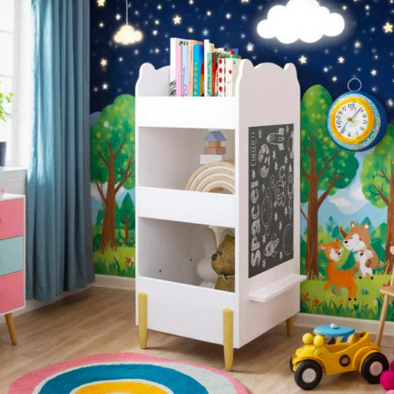 Bibliothèque pour enfants en forme d'ours avec tableau noir, bibliothèque en bois à 3 niveaux et organisateur de jouets pour salle de jeux, chambre de bébé (blanc)