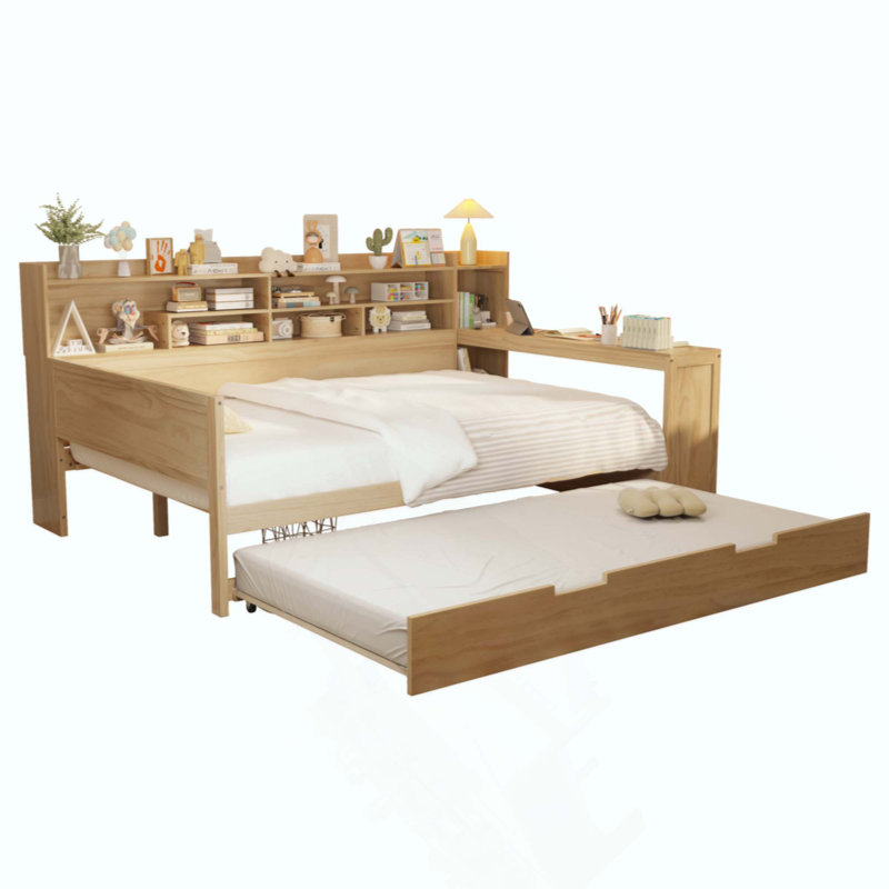 Wooden Daybed With Storage Shelves, Multi-Functional Bed With Trundle Bed And  Study Desk