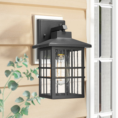 Modern Farmhouse Outdoor Wall Lantern, Weather-Resistant Anti-Rust Sconce With Seeded Glass For Porch, Patio, Garage