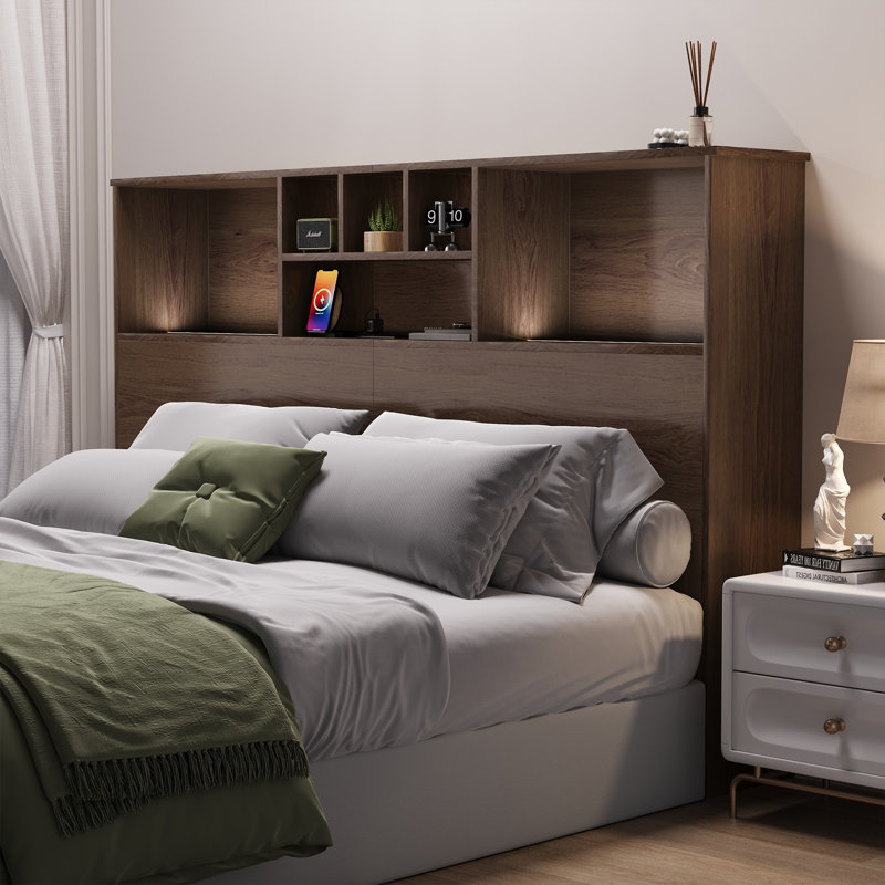 Modern Wooden Bookcase Headboard with Adjustable LED Lights & Charging Station – Queen & King Sizes, Scroll Down for Assembly Video