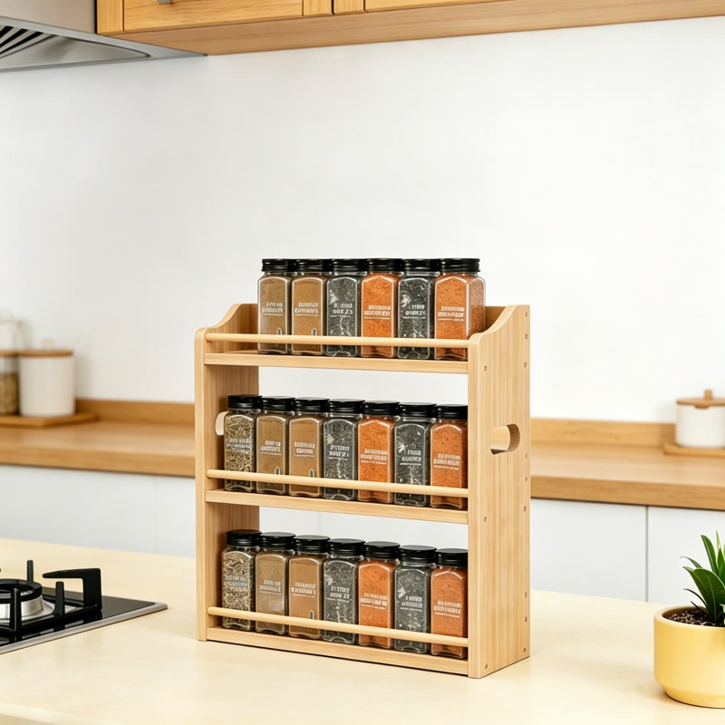 Étagère à épices en bambou, étagère à 3 niveaux avec poignées, tablette d'assaisonnement pour comptoir de cuisine ou rangement mural