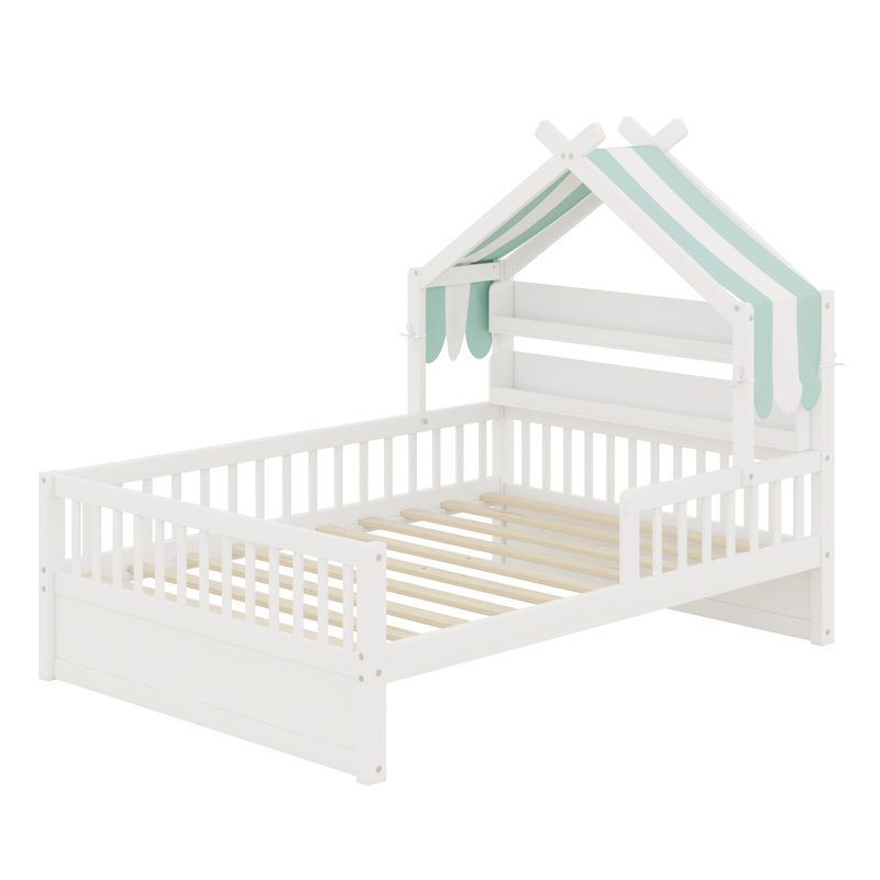 Lit de maison en bois peu encombrant avec rangement pour tête de lit, Lit simple, Blanc