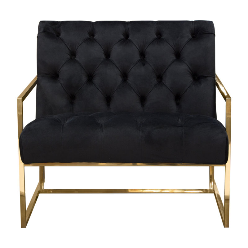 Chaise d'appoint Luxe en velours capitonné noir avec structure en acier inoxydable doré poli, Noir, Or