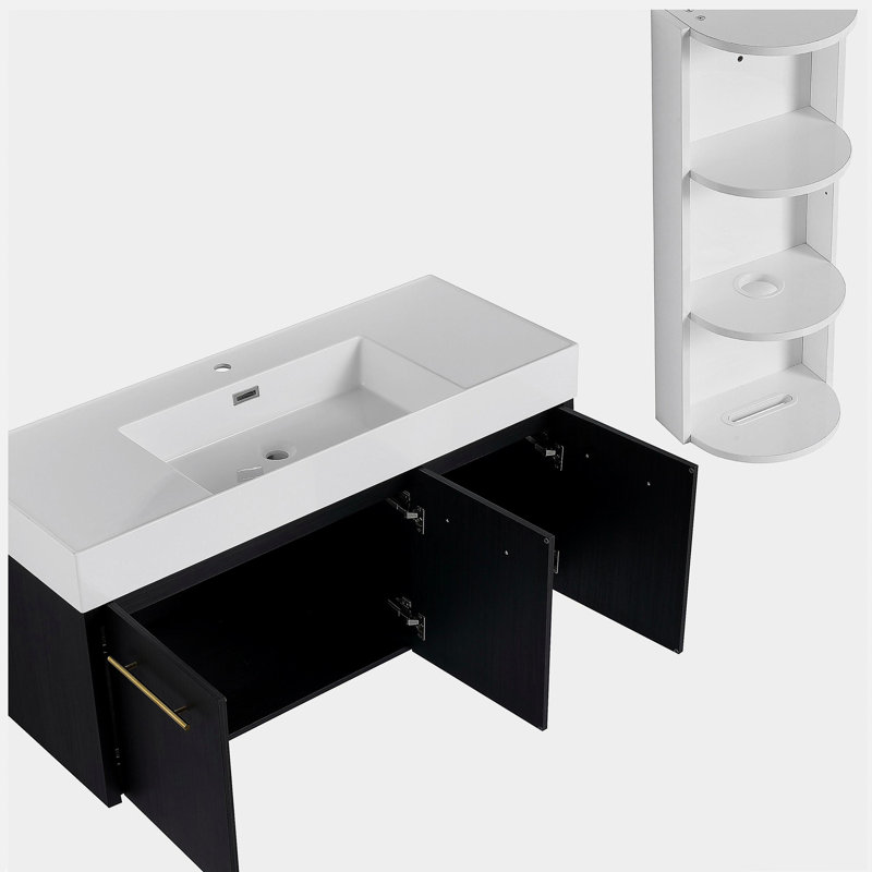Meuble-lavabo mural 48 po avec lavabo et support de rangement, lavabo en résine à rebords épais, ensemble KD