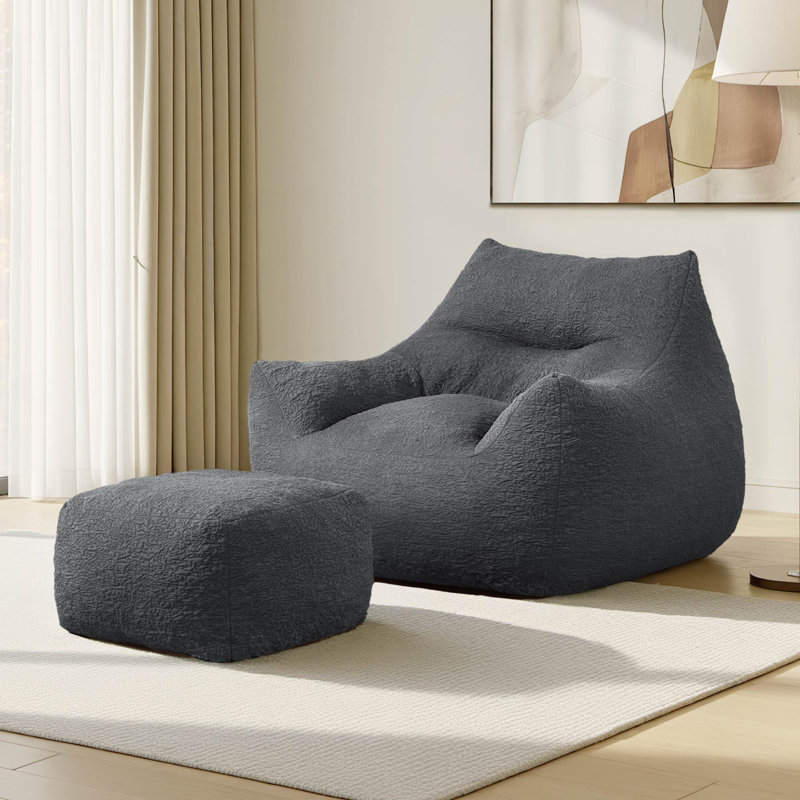 Extra-Wide Bean Bag Chair With Ottoman, Gray Polyester 
