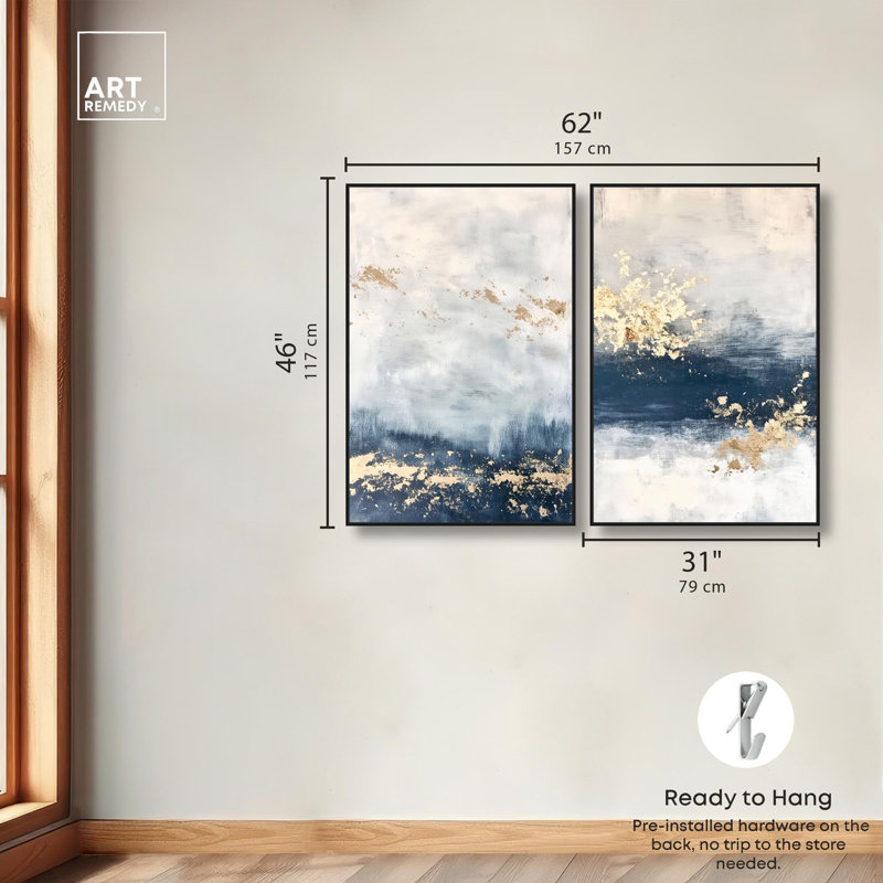 «Gilded Coastal Calm Blue Art», ensemble de 2 impressions sur toile par , Noir, H 46 po x l 31 po