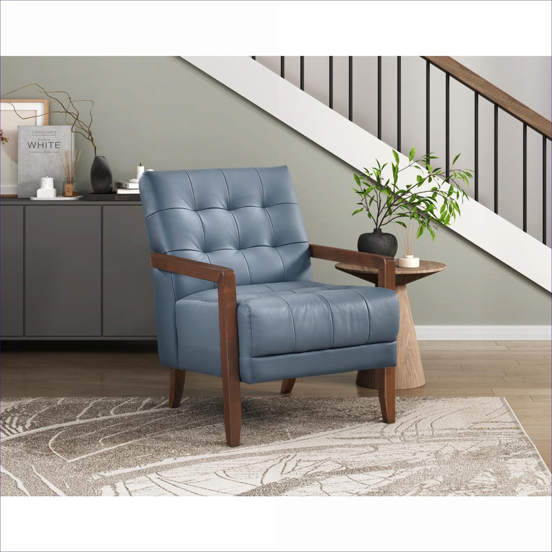 Fauteuil d'appoint pour salon en cuir riche capitonné à assise simple en noyer, Blue