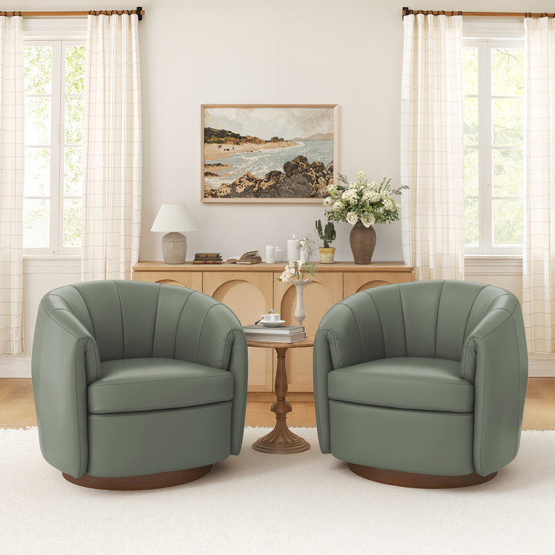 Seraphina Top Grain Leather Swivel Barrel Chair, Grayish Green