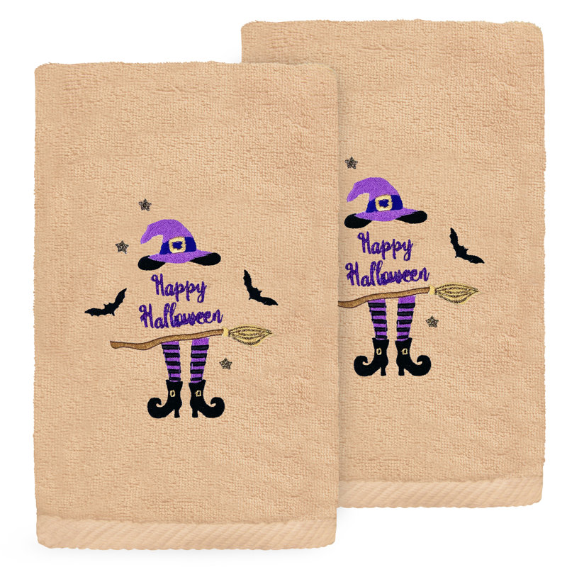 The Holiday Aisle® HAT-BROOM-LEGS - Embroidered Luxury 100% Turkish Cotton Hand Towels (Set Of 2), Sand