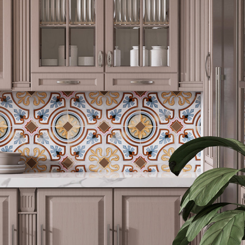Vaudeville Octagon Deco Diglas W/Taco 7-7/8 In. X 7-7/8 In. Porcelain Floor And Wall Tile, Yellow/Blue/Brown