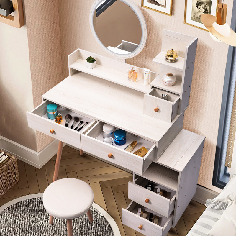 Elegant Vanity Table With Storage & Large Mirror - Materials, Fashionable Look  L31.5"-43.2"X W15.8" X H48.1" Led Cushioned Stool And , Capacity, Design
