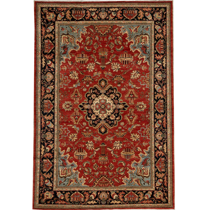 Tapis rouge, noir et brun noué à la main de haute qualité