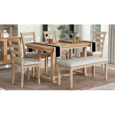 Ensemble de table de salle à manger 6 pièces en bois d'hévéa avec placage en bois massif et coussin moelleux