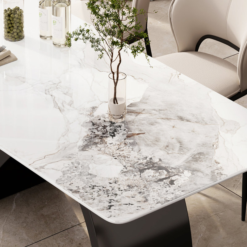 Table de salle à manger rectangulaire moderne, table de cuisine blanc brillant avec plateau en pierre frittée, pieds en acier en forme de N