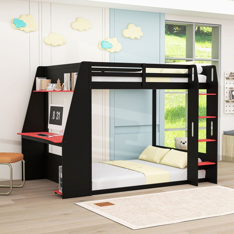 Lit superposé en bois avec bureau, chargement USB, DEL et tablettes, Double sur double, Noir/gris