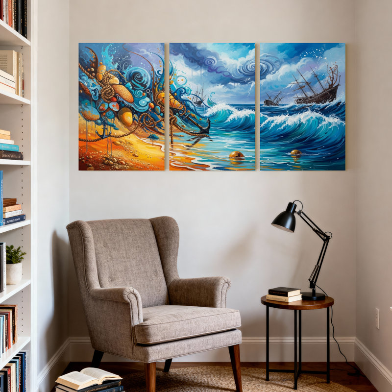 Nautique et plage, océan, vagues, bateau, pieuvre, plage, ciel, eau, réflexion, ensemble de 3 impressions sur toile