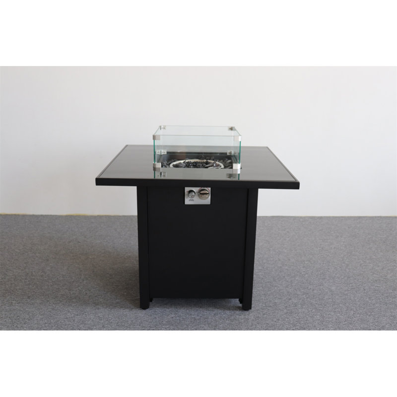 30" Black Powder-Coated Metal Fire Pit With Smoked Glass Top, Black, Propane