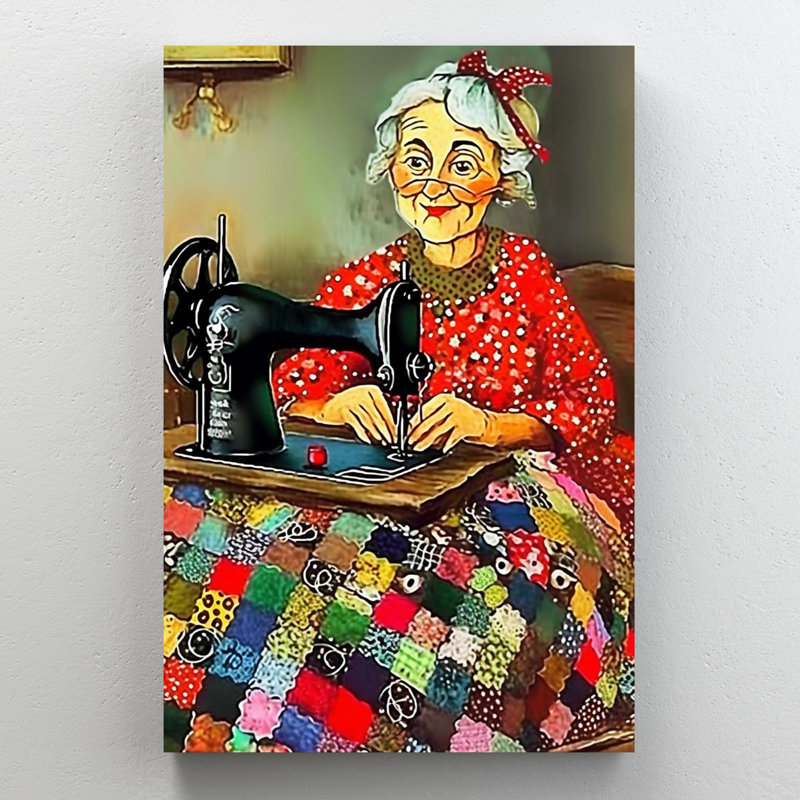 Mari, une vieille femme avec une machine à coudre - 1 pièce, impression sur toile tendue sur toile tendue