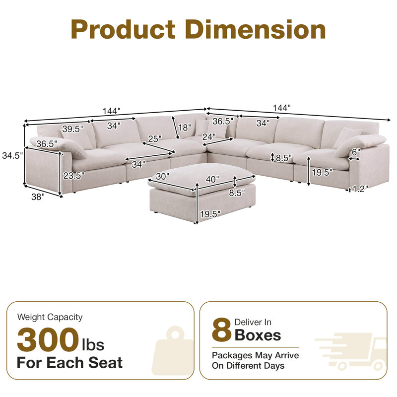 8 Piece 144" Chenille Sectional Sofa Oversized Modular Reversible Deep Seat Cloud Couch With Corner & Removable Ottoman