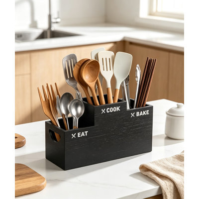 Porte-ustensiles en bois à compartiments pour la décoration du comptoir de la cuisine, style rustique vintage, pour couverts, spatule, fourchette et cuillère.