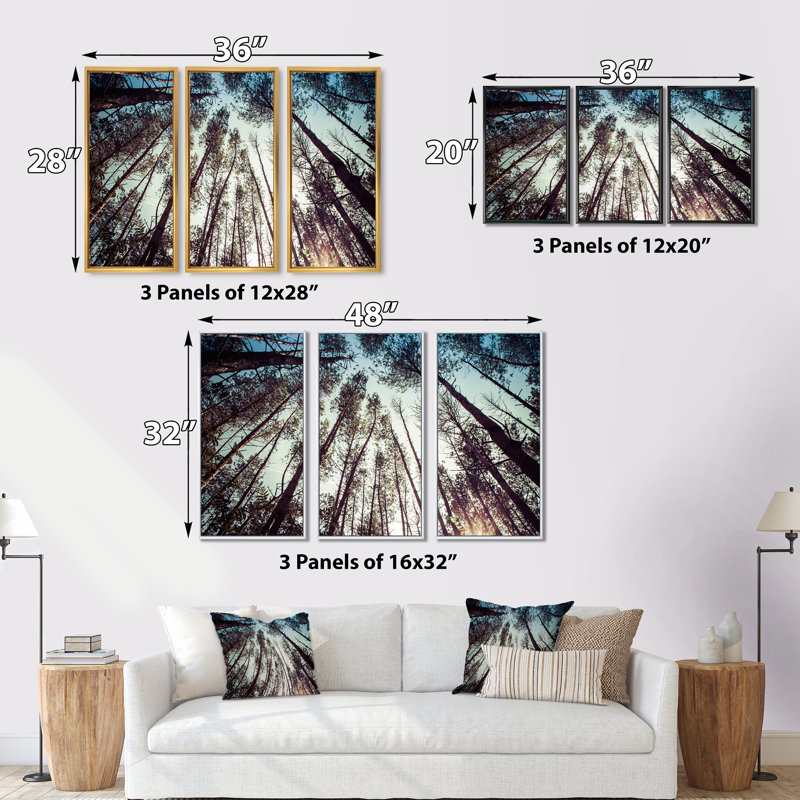 High Forest Trees and Blue Sky - ensemble d'art mural sur toile traditionnel encadré de 3, H 28 po x l 36 po x P 1 po, Blanc