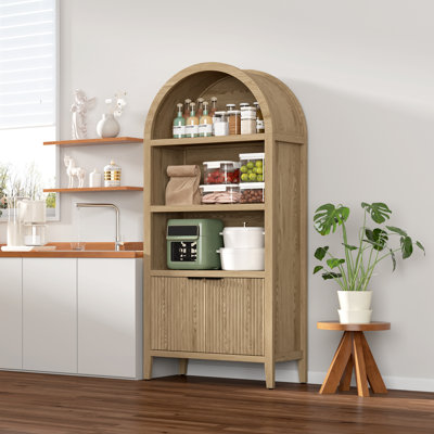 71" Tall  Arched Bookcase with Fluted Doors and Open Shelf