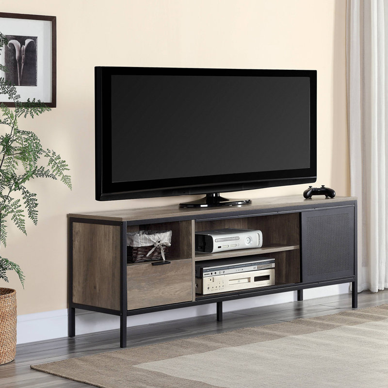 Console rustique en chêne avec pieds et compartiments en métal pour support électronique