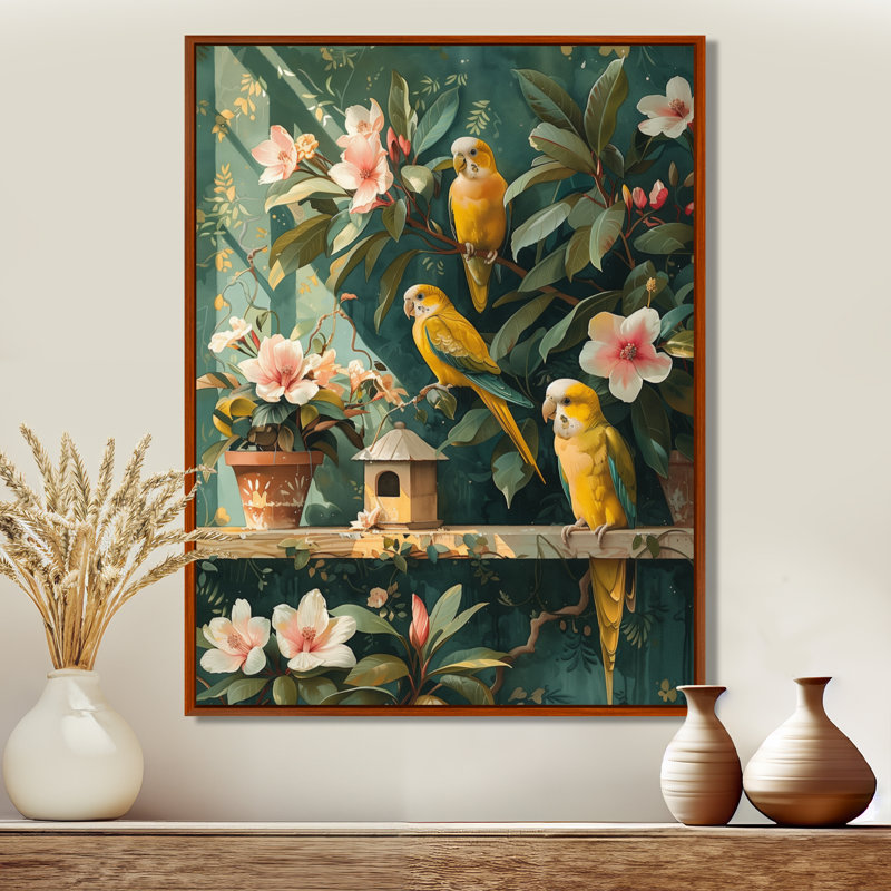 «Parakeets In A Flower Garden III» - art mural perroquet, Cadre flottant brun, bois massif, H 44 po x l 34 po