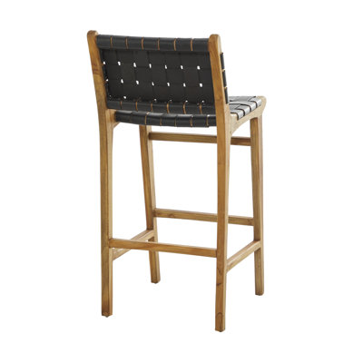 Markus Teak Wood Woven Leather Seat and Back Bar Stool with Beam Footrest