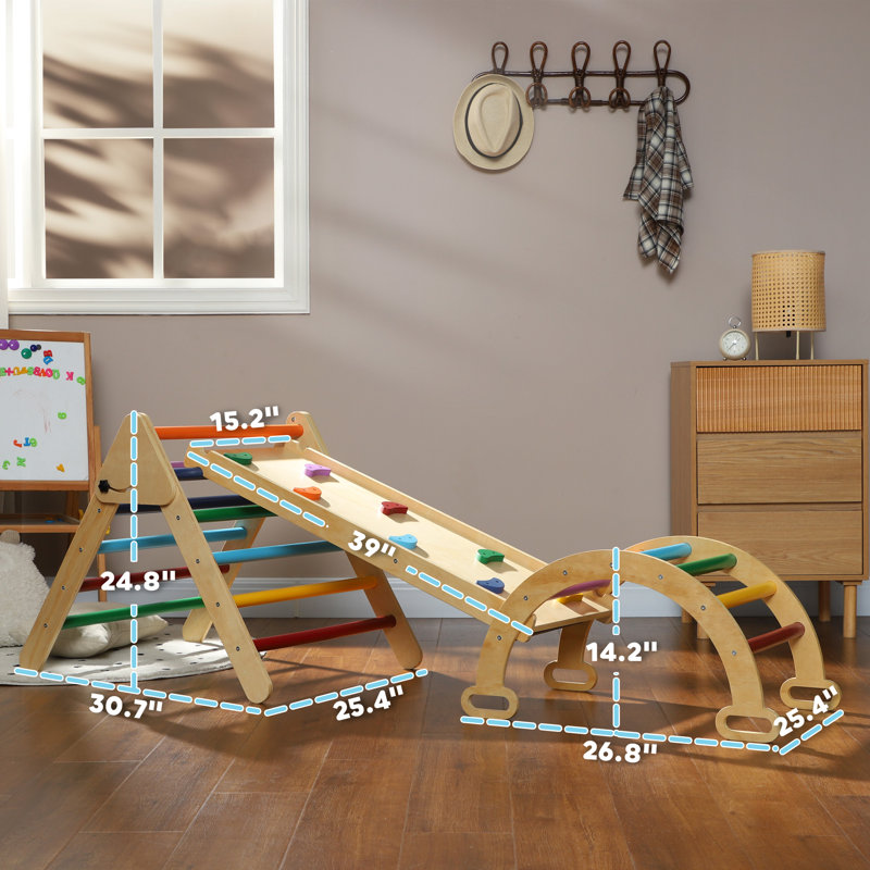 Ensemble triangulaire 5 en 1 avec échelle, rampe, arche, bois naturel Pikler, Multicolore