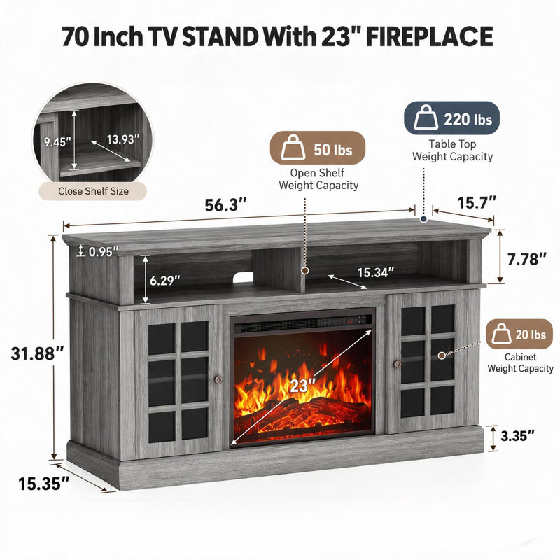 Meuble télé pour téléviseur de 70 po ou moins avec foyer électrique Anias, H 31,9 po x l 56,3 po x P 15,75 po, Gris