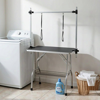 Table de toilettage professionnelle pour chiens, grande, réglable, robuste et portable, avec bras, lasso et plateau en filet, noire, acier inoxydable
