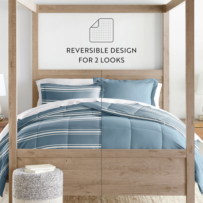 Light Blue Striped Microfiber Reversible Full Duvet Set