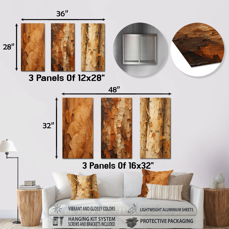Brown Tree Bark Essence II - Tree Metal Art Print Set Of 3, 28" H x 36" W
