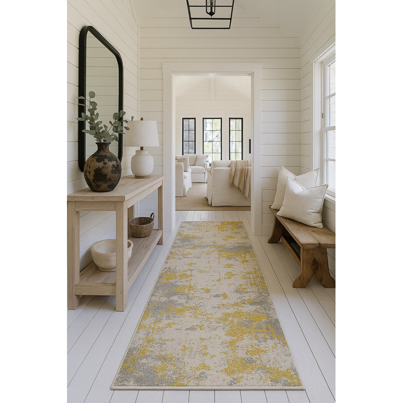 Tapis de couloir intérieur abstrait doré / gris 2 pi x 12 pi (2 pi 3 po x 12 pi) Sol Branch Branch Solenne