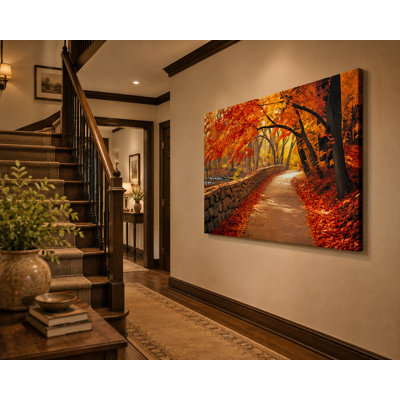 "Autumn Forest Path" avec mur de pierre et feuilles d'automne colorées, art mural sur toile